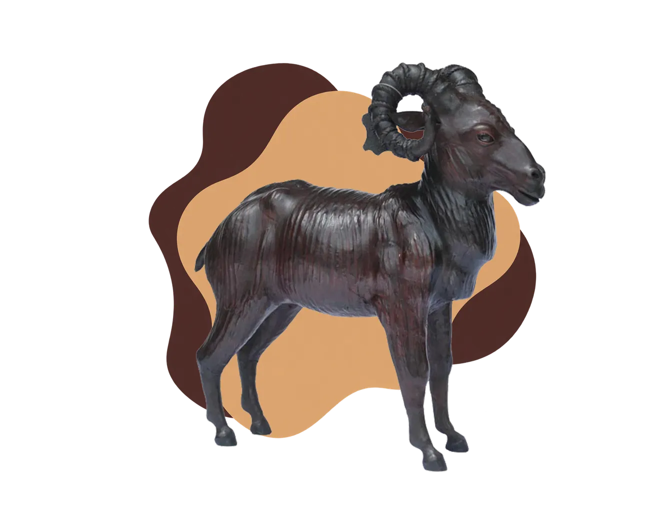 Handcrafted black leather ram sculpture with curled horns