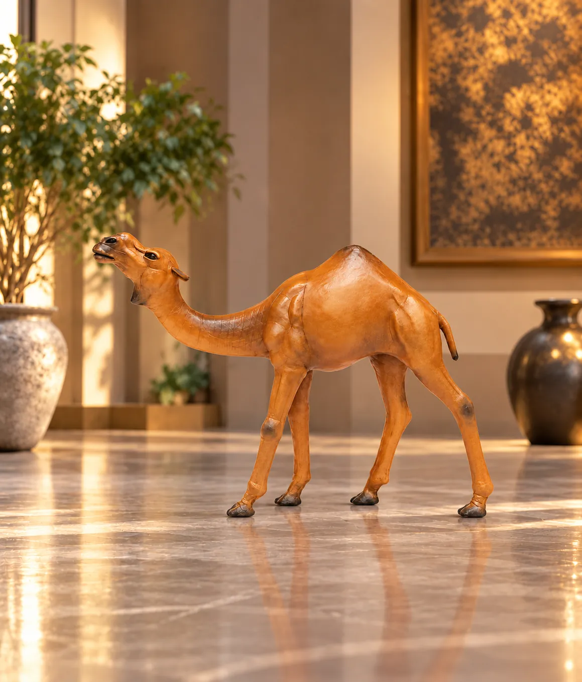 Handcrafted tan leather camel sculpture displayed in a luxury interior