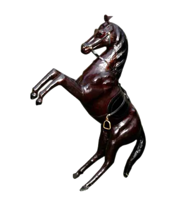 Handcrafted leather horse jumping sculpture